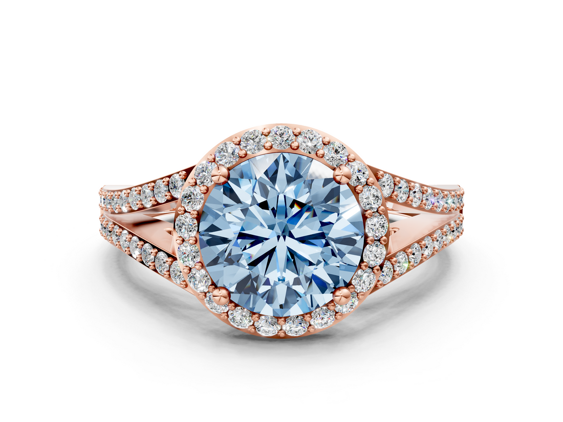 Rose gold Fancy Blue Round  Halo Split Shank Diamond Ring with Prong Setting_20