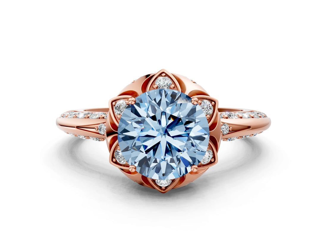 Rose gold Fancy Blue Round  Halo Split Shank Pave Diamond Ring with Petal Prong Setting_20