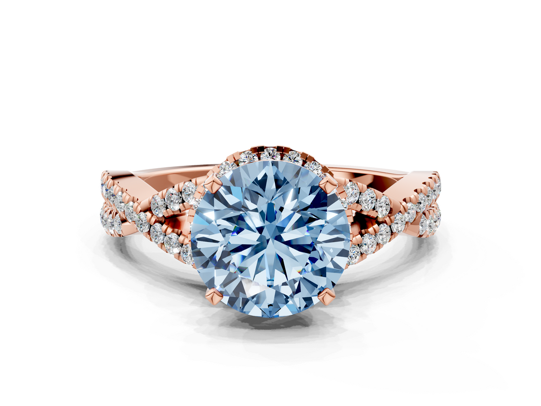 Rose gold Fancy Blue Round  Halo Twist Band Solitaire Prong Setting Ring_64