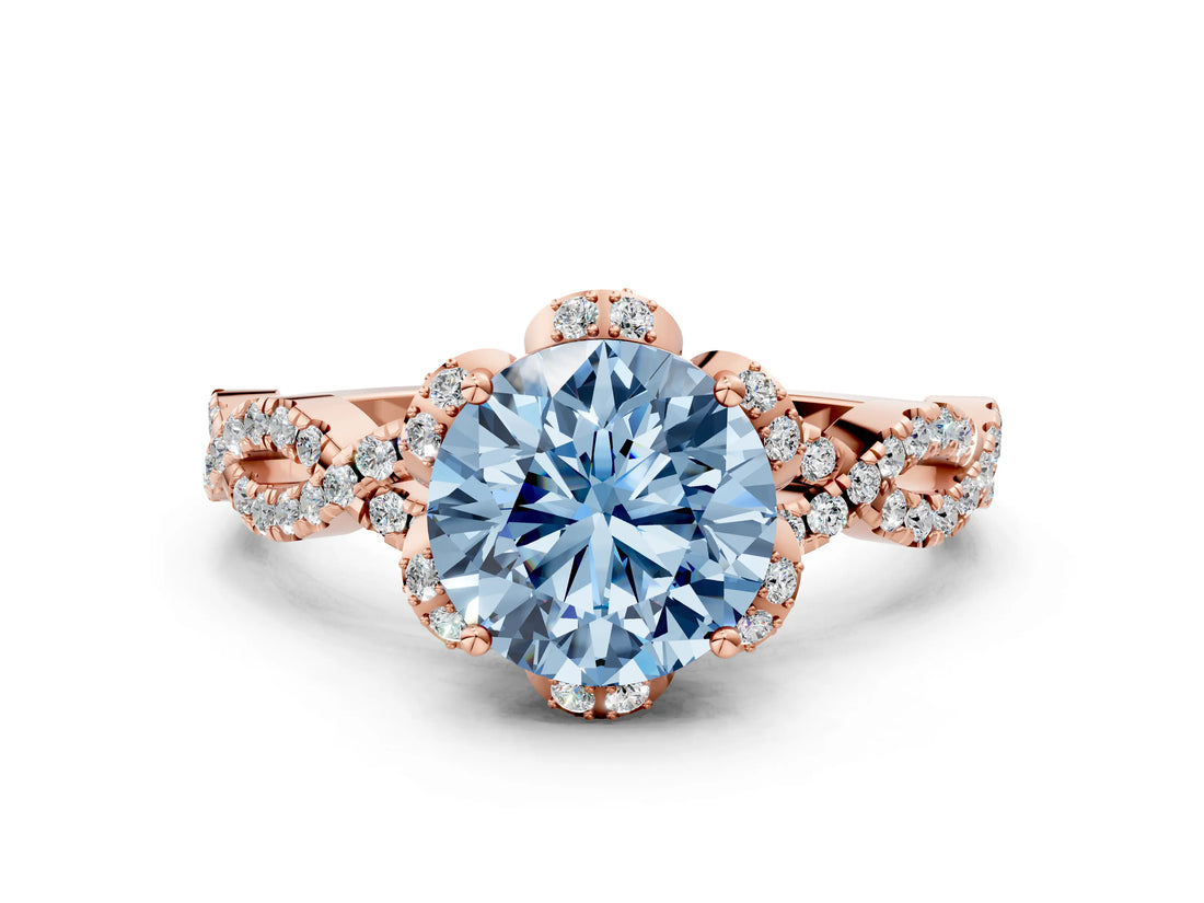 Rose gold Fancy Blue Round  Halo Twist Band Solitaire Ring with Six-Prong Setting_3