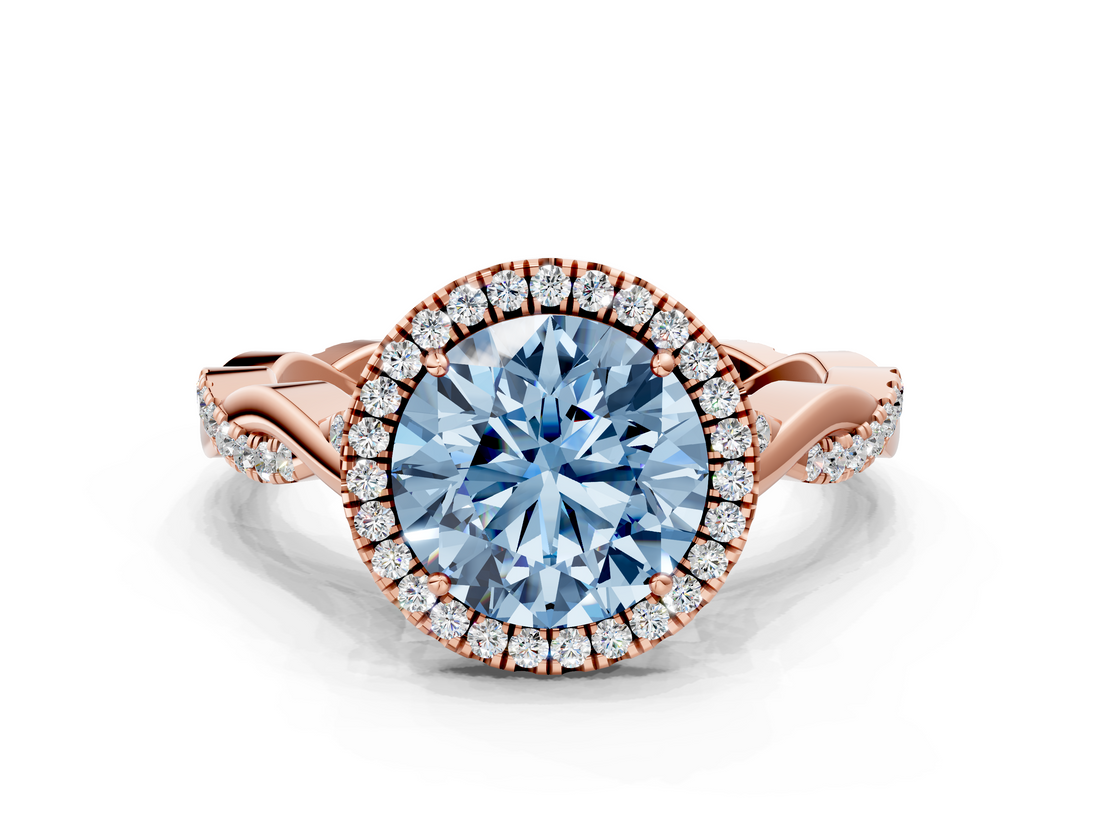 Rose gold Fancy Blue Round  Halo Twist Band Solitaire Ring_20