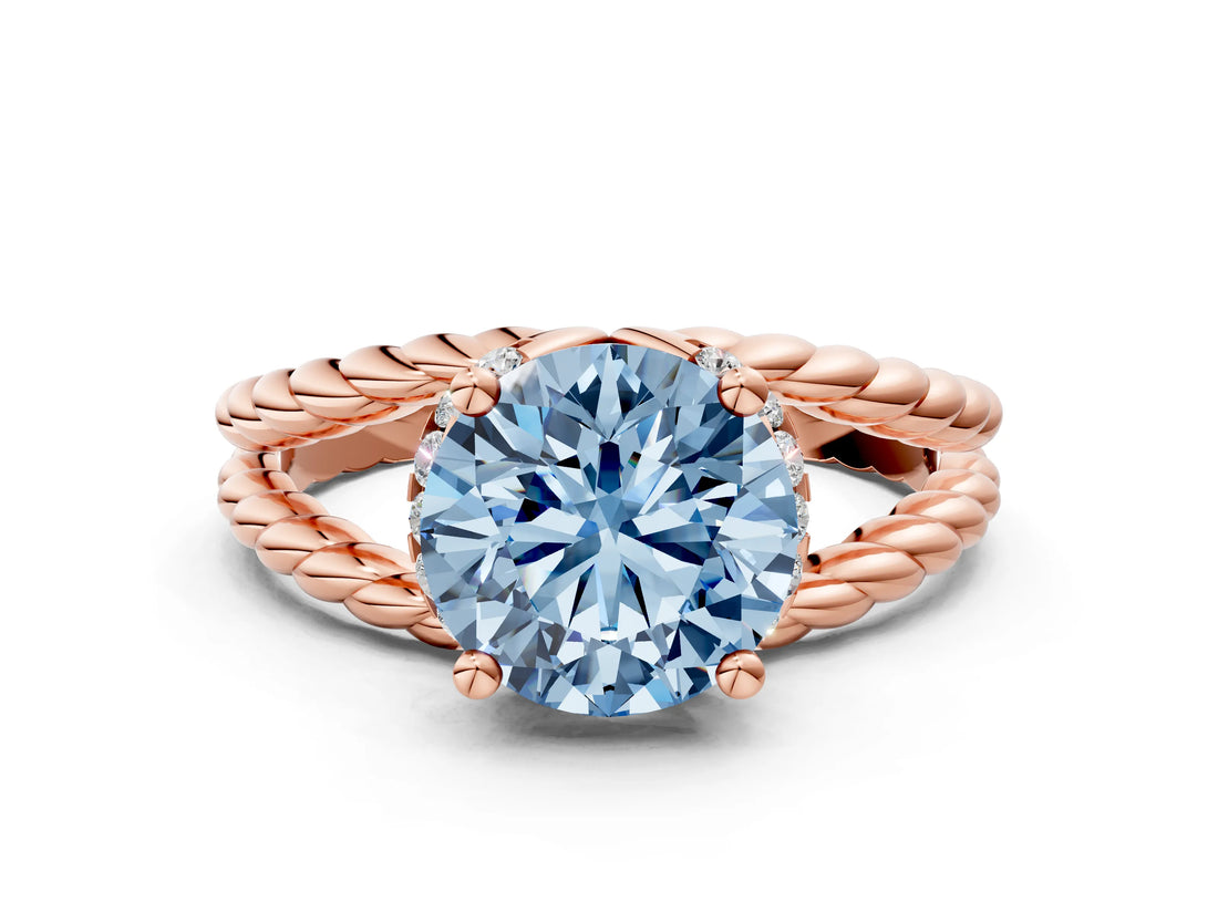 Rose gold Fancy Blue Round  Halo Twisted Band Four-Prong Ring_32