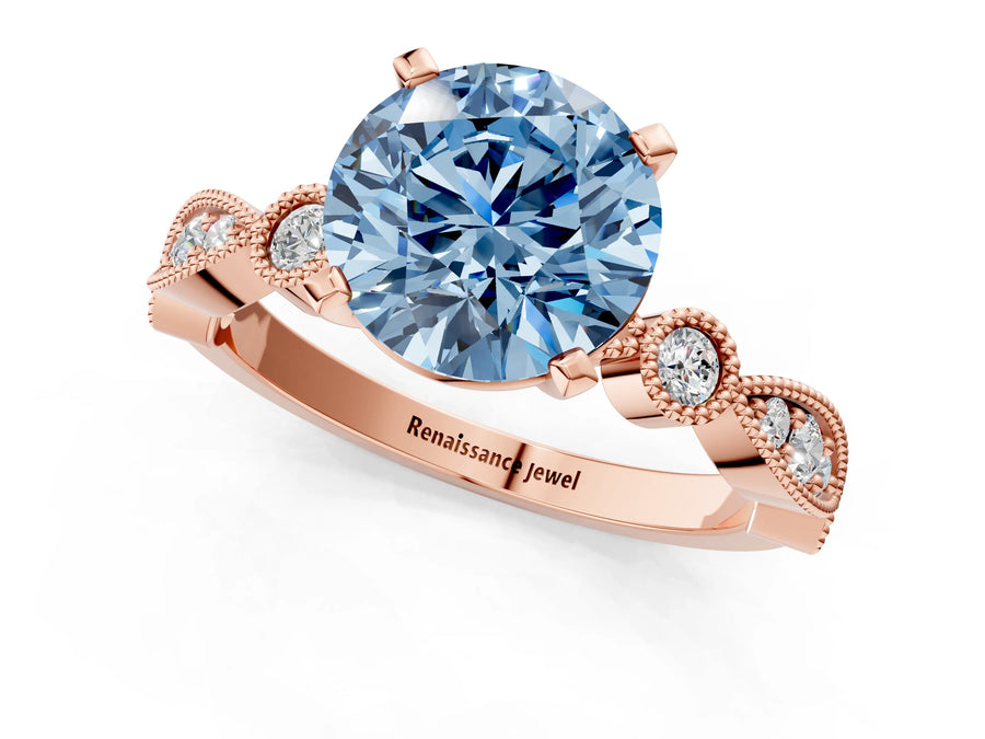 Rose gold Fancy Blue Round  Milgrain Bezel Diamond Engagement Ring with Solitaire Prong Setting