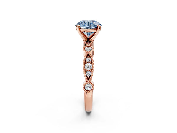 Rose gold Fancy Blue Round  Milgrain Bezel Diamond Engagement Ring with Solitaire Prong Setting