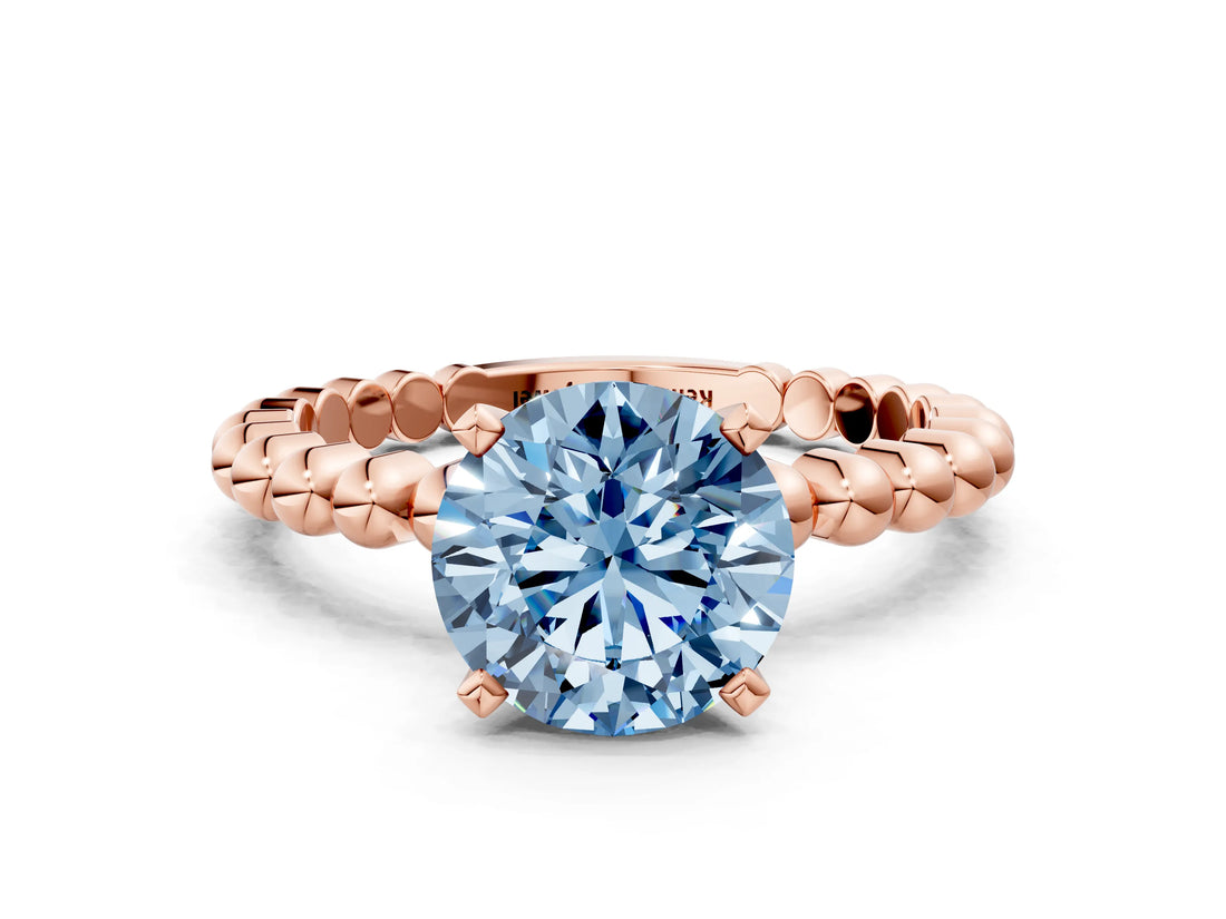 Rose gold Fancy Blue Round  Solitaire Beaded Band Prong Setting Ring