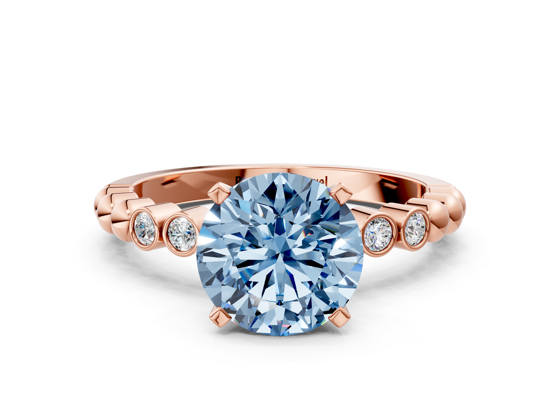 Rose gold Fancy Blue Round  Solitaire Bezel Accent Diamond Engagement Ring with Beaded Band and Four-Prong Setting_41