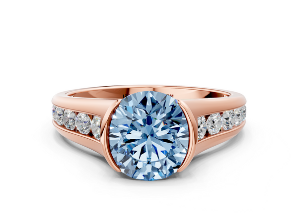 Rose gold Fancy Blue Round  Solitaire Bezel-Set Diamond Ring with Channel-Set Band