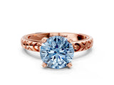 Rose gold Fancy Blue Round  Solitaire Diamond Engagement Ring with XO Engraved Band and Four-Prong Setting