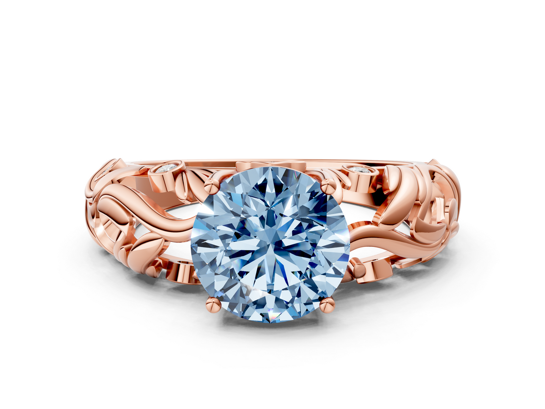 Rose gold Fancy Blue Round  Solitaire Diamond Leaf Vine Band with Prong Setting_28