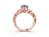 Rose gold Fancy Blue Round  Solitaire Diamond Leaf Vine Band with Prong Setting_31