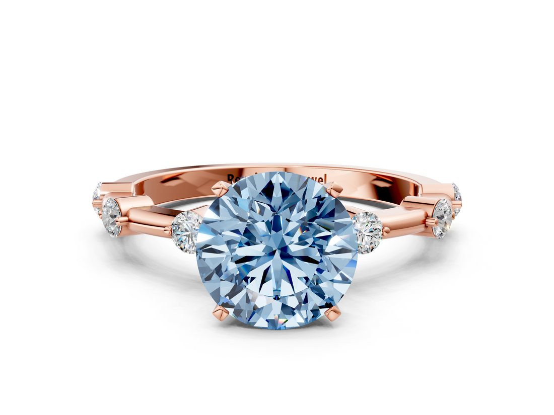 Rose gold Fancy Blue Round  Solitaire Diamond Ring with Bezel Set Side Stones and Prong Setting_3
