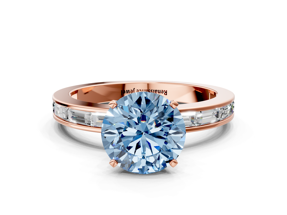 Rose gold Fancy Blue Round  Solitaire Diamond Ring with Channel-Set Baguette Band and Four-Prong Setting_88