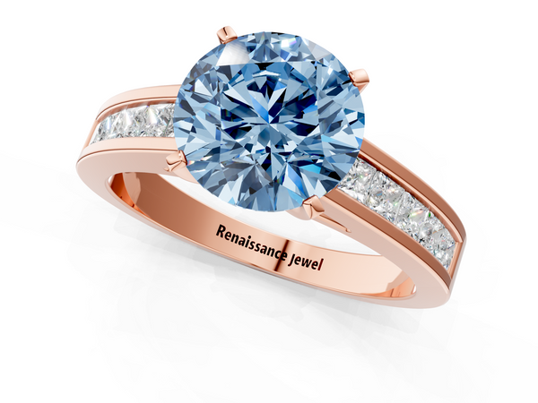 Rose gold Fancy Blue Round  Solitaire Diamond Ring with Channel-Set Band and Four-Prong Setting