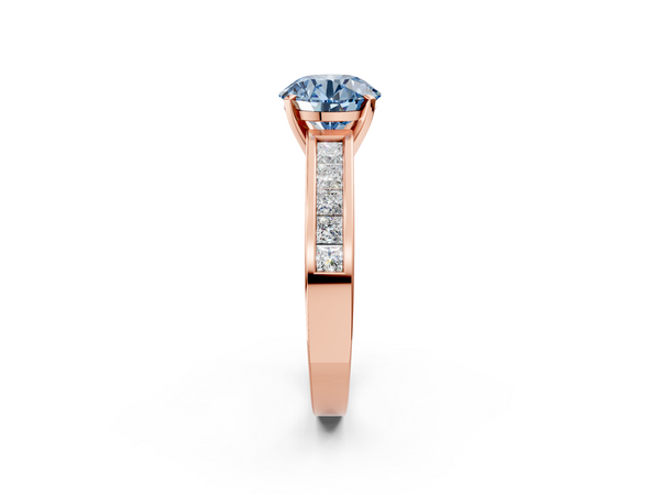 Rose gold Fancy Blue Round  Solitaire Diamond Ring with Channel-Set Band and Four-Prong Setting