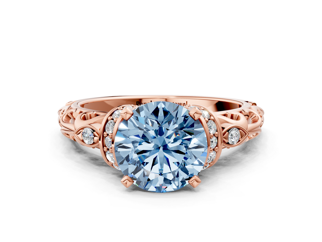 Rose gold Fancy Blue Round  Solitaire Diamond Ring with Filigree Band and Four-Prong Setting_28