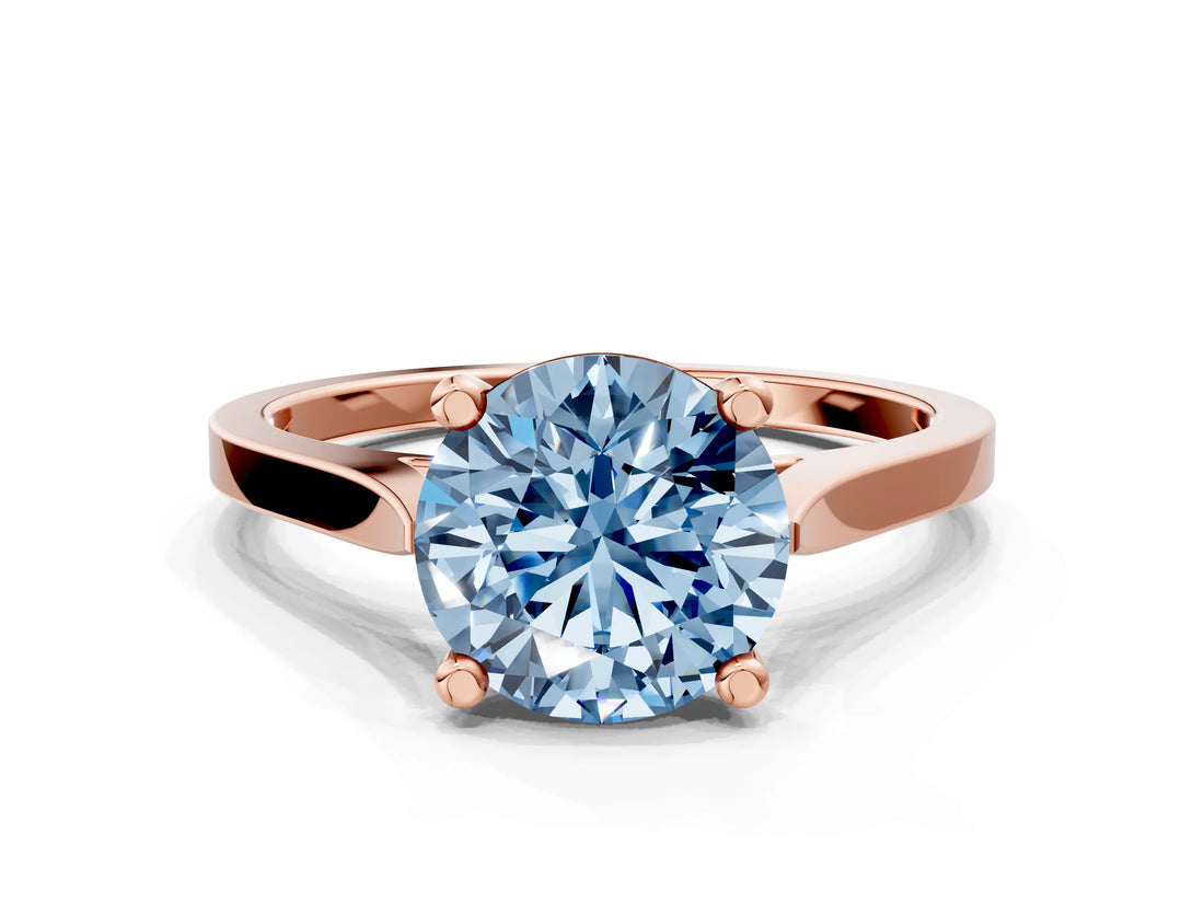 Rose gold Fancy Blue Round  Solitaire Diamond Ring with Four-Prong Setting and Tapered Band