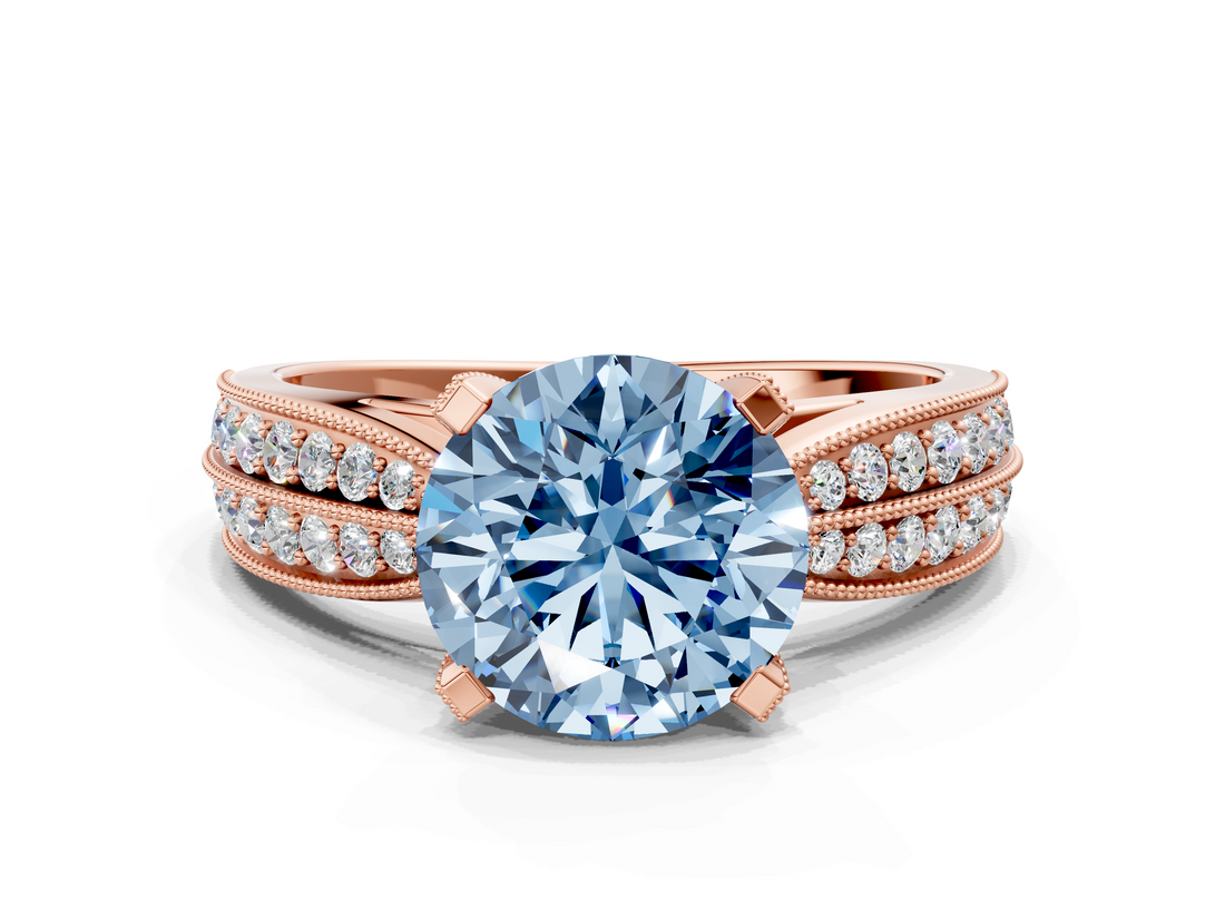 Rose gold Fancy Blue Round  Solitaire Diamond Ring with Milgrain Pavé Band and Four-Prong Setting_19