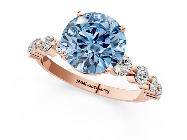 Rose gold Fancy Blue Round Cut Solitaire Diamond Ring with Pave Band and Four-Prong Setting