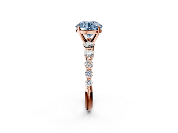 Rose gold Fancy Blue Round Cut Solitaire Diamond Ring with Pave Band and Four-Prong Setting