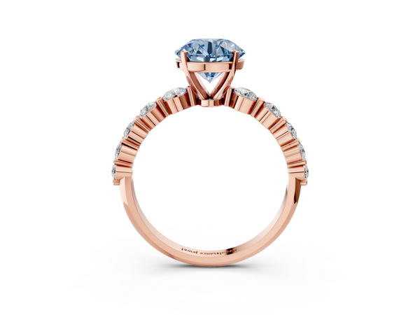 Rose gold Fancy Blue Round Cut Solitaire Diamond Ring with Pave Band and Four-Prong Setting