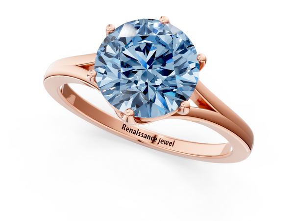 Rose gold Fancy Blue Round  Solitaire Diamond Ring with Six-Prong Setting and Tapered Band