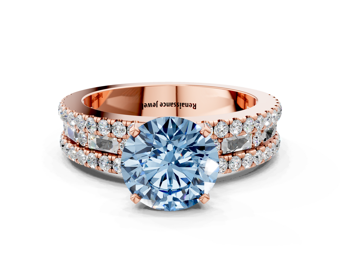 Rose gold Fancy Blue Round  Solitaire Diamond with Pave and Channel Set Band_84