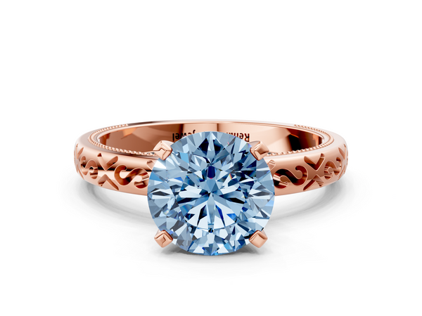 Rose gold Fancy Blue Round  Solitaire Engagement Ring with Scrollwork Band and Four-Prong Setting