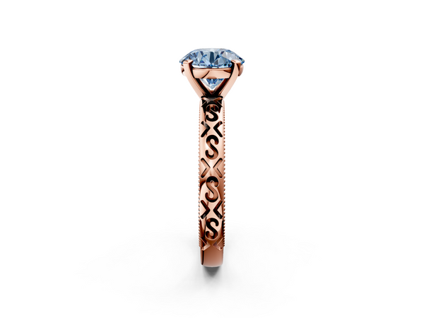Rose gold Fancy Blue Round  Solitaire Engagement Ring with Scrollwork Band and Four-Prong Setting