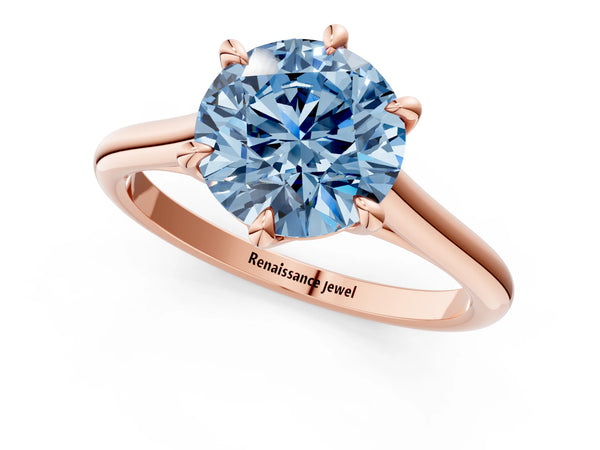 Rose gold Fancy Blue Round  Solitaire Engagement Ring with Six-Prong Setting and Classic Band