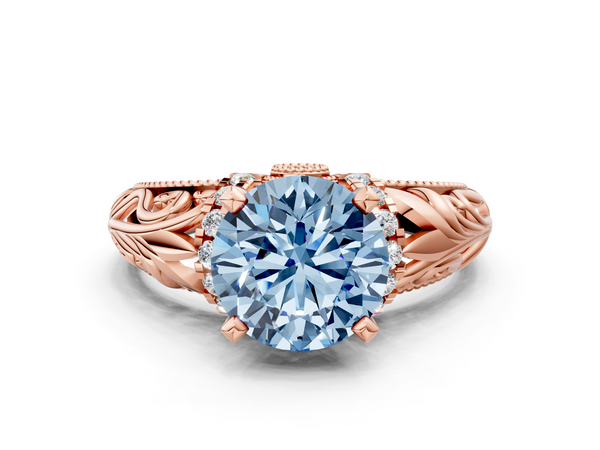 Rose gold Fancy Blue Round  Solitaire Filigree Engagement Ring with Halo and Prong Setting