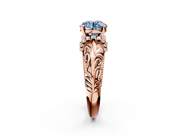 Rose gold Fancy Blue Round  Solitaire Filigree Engagement Ring with Halo and Prong Setting
