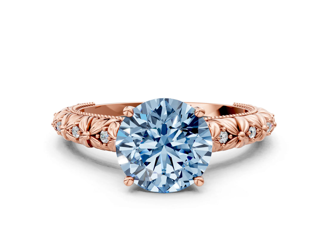 Rose gold Fancy Blue Round  Solitaire Floral Milgrain Engagement Ring_36