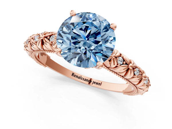 Rose gold Fancy Blue Round  Solitaire Floral Milgrain Engagement Ring