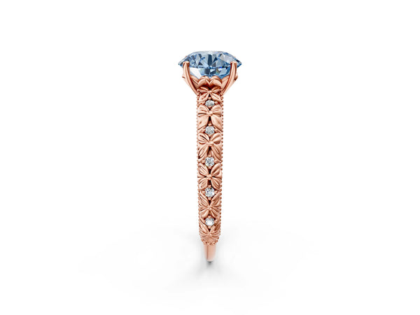 Rose gold Fancy Blue Round  Solitaire Floral Milgrain Engagement Ring