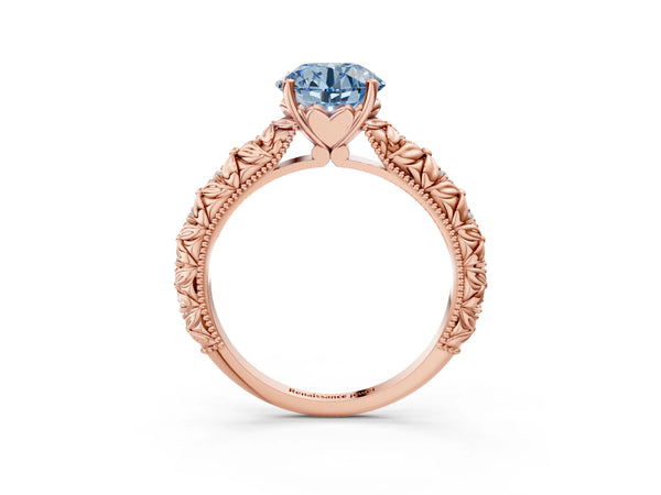 Rose gold Fancy Blue Round  Solitaire Floral Milgrain Engagement Ring