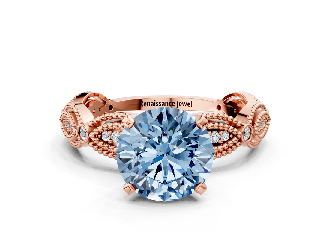 Rose gold Fancy Blue Round  Solitaire Milgrain Diamond Engagement Ring with Bezel and Marquise Band_126