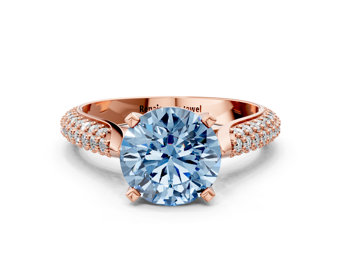 Rose gold Fancy Blue Round  Solitaire Pavé Diamond Engagement Ring with Four-Prong Setting_134
