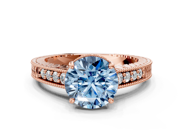 Rose gold Fancy Blue Round  Solitaire Pavé Diamond Milgrain Engagement Ring with Four-Prong Setting