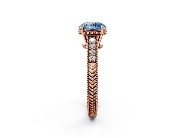 Rose gold Fancy Blue Round  Solitaire Pavé Diamond Milgrain Engagement Ring with Four-Prong Setting
