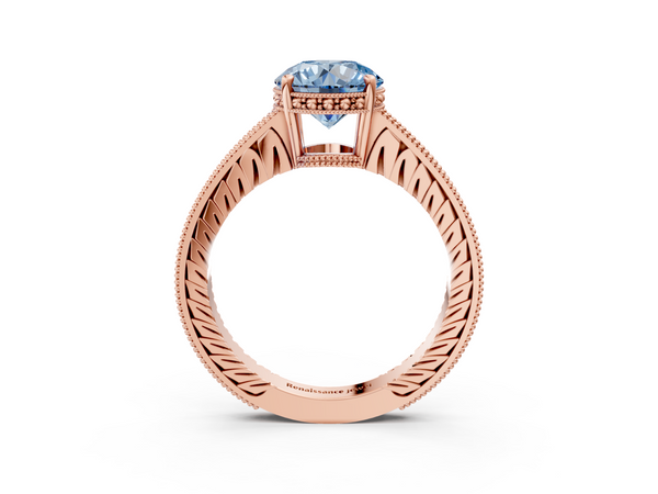 Rose gold Fancy Blue Round  Solitaire Pavé Diamond Milgrain Engagement Ring with Four-Prong Setting