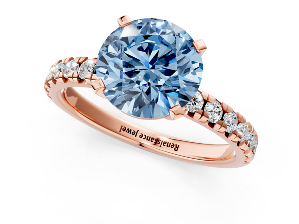 Rose gold Fancy Blue Round  Solitaire Pave Diamond Engagement Ring with Four-Prong Setting