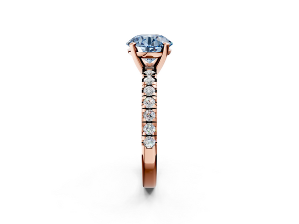 Rose gold Fancy Blue Round  Solitaire Pave Diamond Engagement Ring with Four-Prong Setting