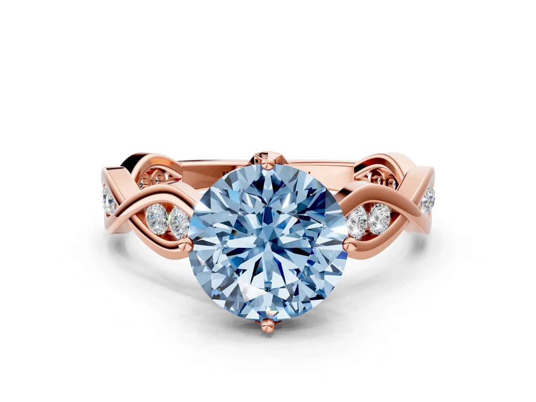 Rose gold Fancy Blue Round  Solitaire Twist Band with Leaf Prong Setting 1