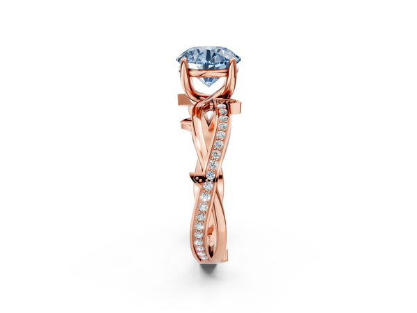Rose gold Fancy Blue Round  Solitaire Twist Band with Pavé Accents and Four-Prong Setting
