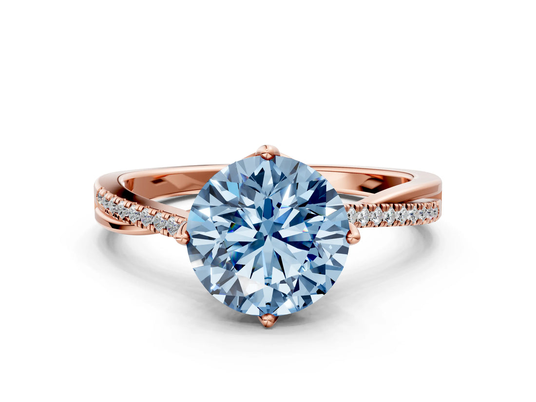 Rose gold Fancy Blue Round  Solitaire Twist Band with Pavé Diamonds and Four-Prong Setting_52
