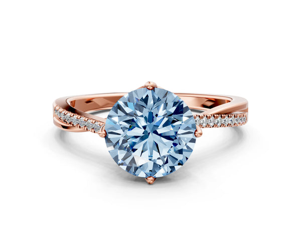 Rose gold Fancy Blue Round  Solitaire Twist Band with Pavé Diamonds and Four-Prong Setting