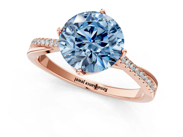 Rose gold Fancy Blue Round  Solitaire Twist Band with Pavé Diamonds and Four-Prong Setting
