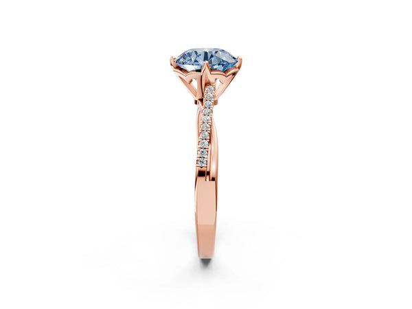 Rose gold Fancy Blue Round  Solitaire Twist Band with Pavé Diamonds and Four-Prong Setting