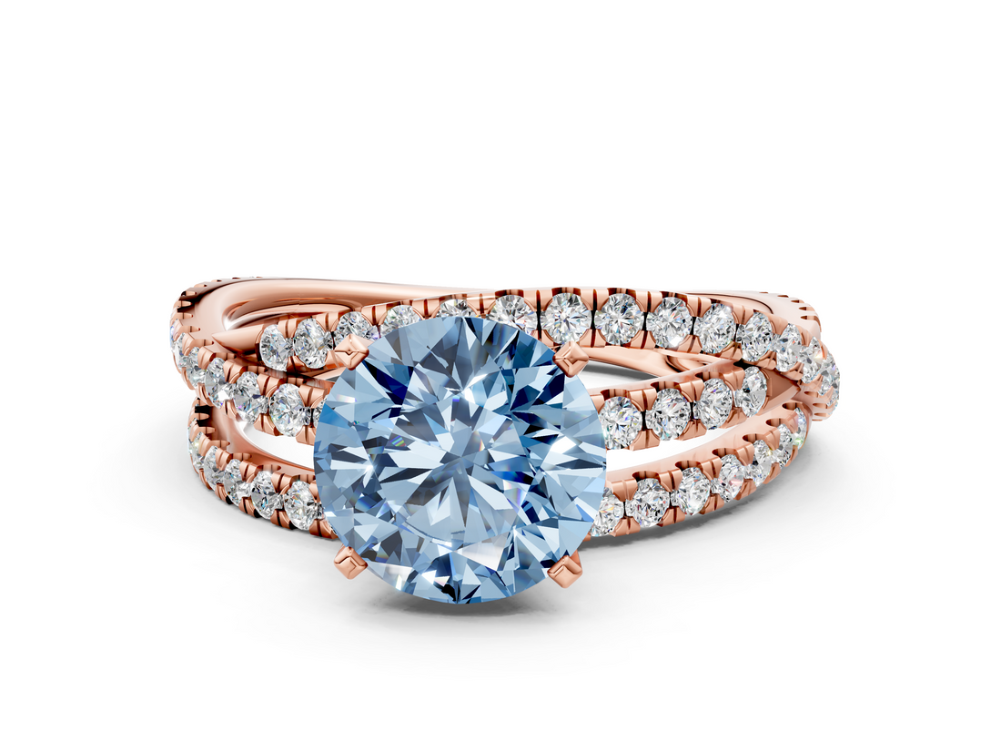 Rose gold Fancy Blue Round  Solitaire Twist Band with Pavé Setting and Four-Prong Setting_78