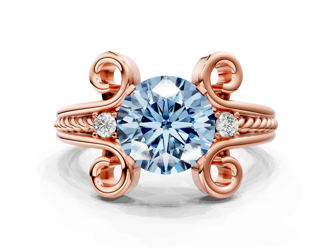 Rose gold Fancy Blue Round  Solitaire Twisted Band Scroll Prong Ring_3